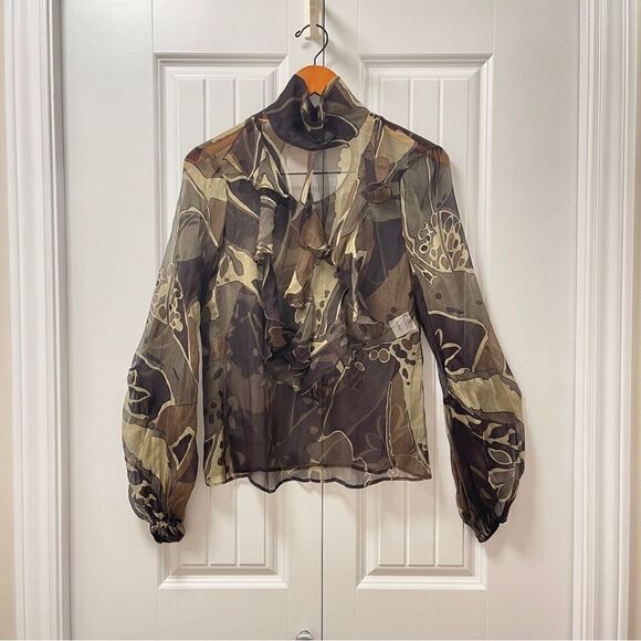 Escada Olive Multicolour 100% Silk Ruffle Blouse - EU 34 - Picture 1 of 16